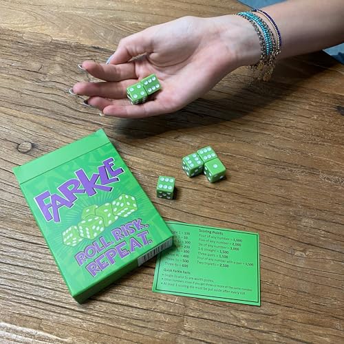 TDC Games Farkle Classic Dice Game Set – Fun Dice-Rolling & Risk-Taking Family Game, Travel Farkle Dice Game, Camping Games for Adults & Families, Includes 6 Green Colored Dice
