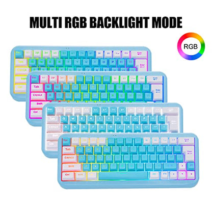 7KEYS 60% 2.4G Wireless Gaming Keyboard with Wrist Rest, Compact 63 Keys Mini RGB Light up Keyboard for PC Mac Laptop, Portable, Rechargeable Quiet for Typing and Gaming (Blue&White)