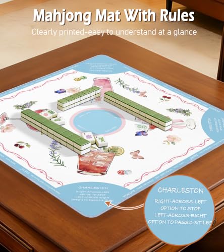 Travel Mahjong Mat Table with Rules Mah Jong Mat Neoprene Chinoiserie Floral Majong Learning Mat Instructions Mahjong Gifts Women Unique Non-Slip Rubber Pad, 21" x 21", Cocktail - color: Cocktail, size: 21" x 21"