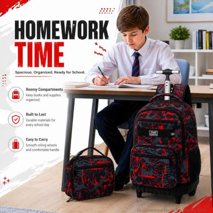 3Pcs Rolling Backpack for Boys Men, Travel Wheeled Backpacks for Adults, Teens College Roller Bookbag with Wheels for Men(Red) - color: Airbrush Red