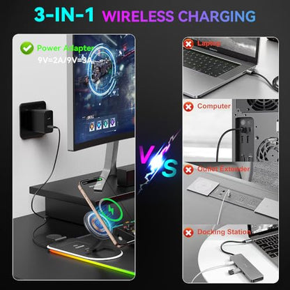 3 in 1 RGB Gaming Mouse Pad, Wireless Charging Mouse Mat Fast Charging for Phones Earbuds & Apple Watch, 15 Dynamic Lighting Modes, 31.5''x11.8'' Large Keyboard Pad with Magnetic Phone Holder