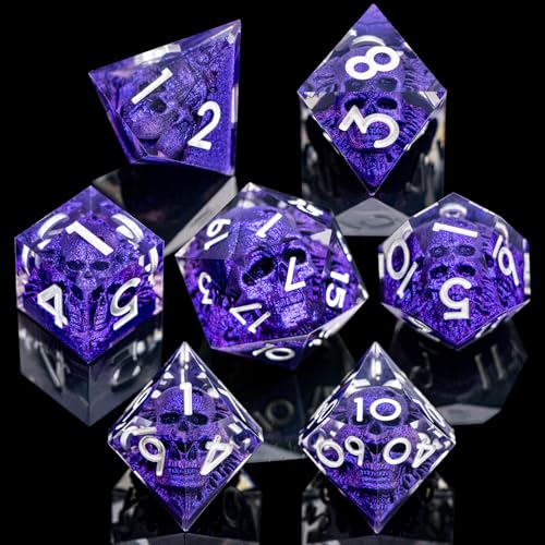 DND Skull Dice Set 7PCS Necromancer Polyhedral Dice for Dungeons Dragons RPG Role Playing Game, Resin Sharp Edged D and D Dice with Gift Box D6 D8 D10 D12 D20 (Silver Purple) - color: Purple&silver