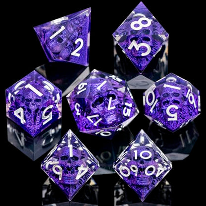 DND Skull Dice Set 7PCS Necromancer Polyhedral Dice for Dungeons Dragons RPG Role Playing Game, Resin Sharp Edged D and D Dice with Gift Box D6 D8 D10 D12 D20 (Silver Purple) - color: Purple&silver