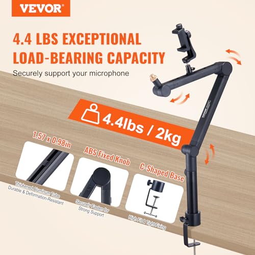 VEVOR Microphone Boom Arm, Adjustable Mic Stand with Cable Management, Desk Mount Clamp, Detachable Extension Rod, 3/8" to 5/8" Adapter, for Recording Studio Streaming Gaming Blue Yeti SM7B Audio - style: Mic Boom Arm + Extension Rod
