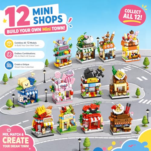 12 PCS Mini Street View Building Bricks Set, Modular City Shop Model, DIY Tiny Town Collection, Aesthetic Tabletop Decor, Holiday & Birthday Gifts for Adults