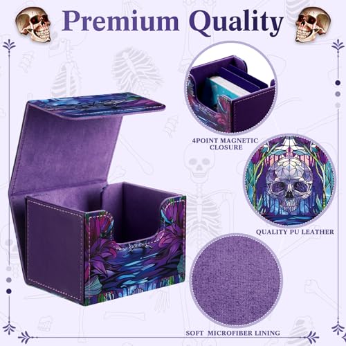 Leather Card Deck Case Compatible with MTG Cards Holds 120+ Trading Cards Strong Magnet Storage Card Box with 2 Dividers Compatible with TCG CCG(Purple,Horizontal Skull) - color: Purple, style: Skull