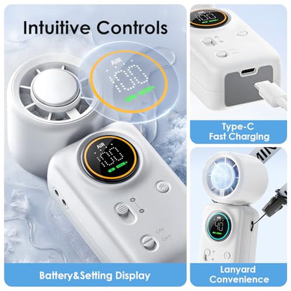 FurBall 4-IN-1 Portable Handheld Fan with Ice Cooling, High-speed Turbo Power 100 Gear Adjustable, LED Display, 6000mAh Rechargeable Battery, Foldable & Quiet Personal Fan for Travel, Office, Outdoor - color: Snow White