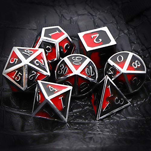 Haxtec Metal DND Dice Set Silver Red Black Enamel Vampire D&D Dice with Leather Dice Bag Compatible with Dungeons and Dragons TTRPG Gift for DND Lovers Players Masters | Silver Edge D&D Dice with Leather Bag, Compatible with Dungeons and Dragons, Vampire