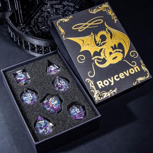 Roycevon Dragon Pattern Liquid Core DND Dice Set, 7Pcs Sharp Edge D&D Dice with Gift Box, Resin Purple Dungeons Dragons D and D Role Playing Dice D20 D12 D10 D8 D6 D4 - color: Purple