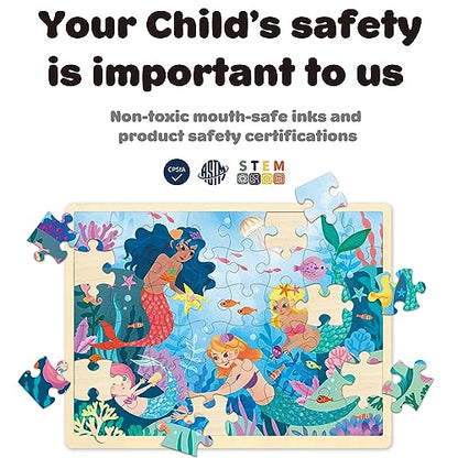 48 Piece Mermaid Wooden Jigsaw Puzzles for Kids Ages 3-5 | For 3 Year Old, Preschool Puzzle Ages 4-8, With Tray - style: 48 Piece