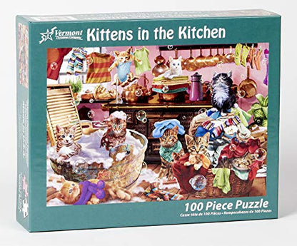 Vermont Christmas Company Kittens in The Kitchen Jigsaw Puzzle 100 Piece, Large Pieces Perfect for Kids and Seniors