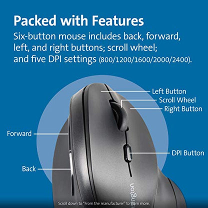 Kensington Ergonomic Vertical Wireless Mouse (K75575WW), Grey/Black | Vertical grip reduces wrist strain, wireless connection, comfortable all-day use - size: Mid-Size