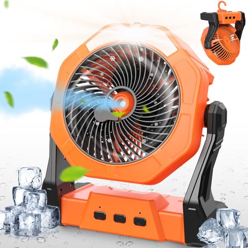Ausic Portable Misting Camping Fan, 8" Outdoor Cooling Fan with LED Light, Water Spray, Hook, [Max 35H] Battery Operated Rechargeable Fan for Sports Sidelines, Patio, Beach, Tent, Travel - color: Orange, style: 8-35Hrs Runtime