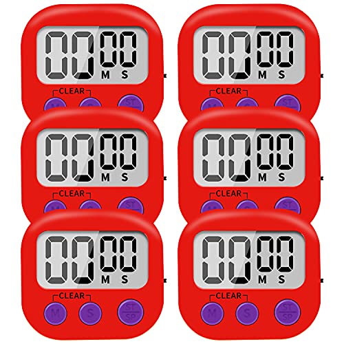 6 Pack Small Digital Kitchen Timer Magnetic Back and ON/Off Switch,Minute Second Count Up Countdown (Red) - color: Red