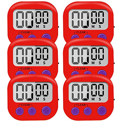 6 Pack Small Digital Kitchen Timer Magnetic Back and ON/Off Switch,Minute Second Count Up Countdown (Red) - color: Red