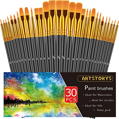 Paint Brushes Set, 30 Pcs Paint Brushes for Acrylic Painting, Oil Watercolor Acrylic Paint Brush, Artist Paintbrushes for Body Face Rock Canvas, Adult Drawing Arts Crafts Supplies, Black - color: Black