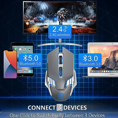 Bluetooth Gaming Mouse, RGB Rechargeable USB Wireless Mouse, Quiet Click, LED Backlit, Ergonomic, with Side Button, 6 Button, DPI Adjustable, Computer Mice for Laptop PC MacBook Chromebook - Grey - color: Grey