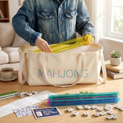 Abbylike 28x9 Inches Mahjong Bag for Rolled Mat Tiles Racks Pushers Accessories Empty Mahjong Tote Bag with Zipper Closure Outer Pockets Lining Large Capacity(Beige,Canvas) - color: Beige