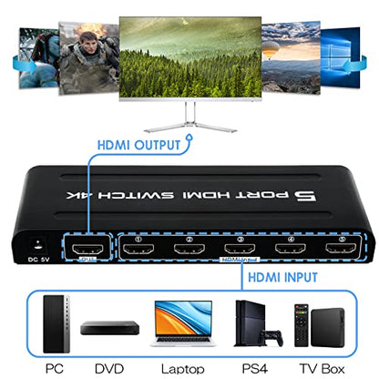 4K HDMI Switch 5 in 1 Out, 5 Port HDMI Switcher Selector Box with IR Remote Control & Auto Switch, Support 4K@30Hz, HDR, HDMI 1.4, HDCP, 3D, 1080P for HDTV PS3 PS4 Xbox Projector Blu-ray Player - size: 4K@30Hz/5 in 1 Out