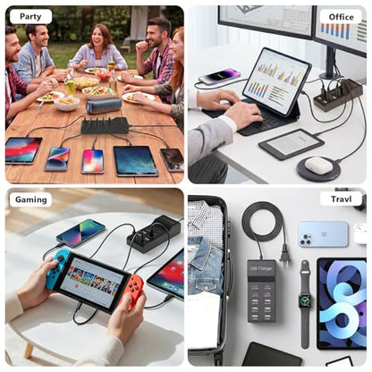 10-Port USB Charging Station, 4 USB-C and 6 USB-A Ports Power Strip, 50W Smart Output, Multi-Device Charging Block