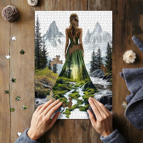 Impossible Puzzles for Adults 1000 Pieces, Woman Forest Landscape Puzzles, Mountain River Nature Puzzle, Beautiful Lady Mountain Jigsaw Puzzle Scenery - style: Verdant Muse puzzle