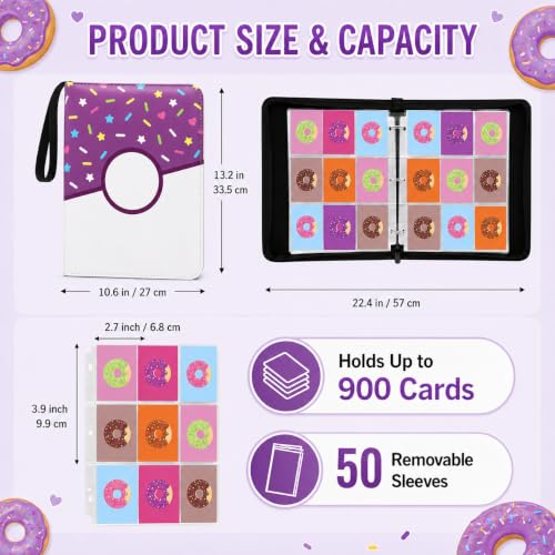 9 Pocket Card Binder 900 Card Holder Album, Purple Donut Trading Cards Holder Zipper Binder for Girl Teen Collection (Purple Donut, 900 Pocket) - color: Purple Donut, size: 900 Pocket
