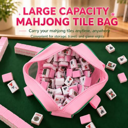 Empty Mahjong Tile Bag American Clear Mahjong Case with Zipper | PVC Mahjong Bag Storage 166 Tiles Waterproof Holder with Handles Letters Printed for Game Days Gift Travel Pink Case Only - color: Pink