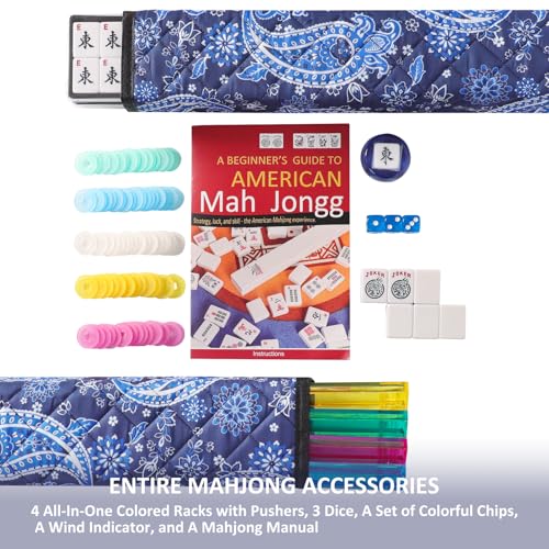 TIASUSAN American Mahjong Game Set, 166 White Tiles, Blue Printed Bag with Entire Accessories, 4 All-in-One Rack/Pushers, Mahjong Tiles Set - color: Blue
