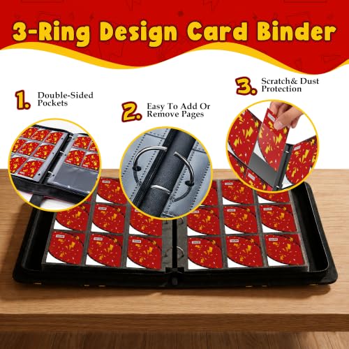 Card Binder for Pokemon Cards, 9 Pocket Trading Card Binder Holds 900 Cards with 50 Removable Sleeves, 3 Ring Zipper Card Holder Album Book Case for TCG, MTG, Sports Cards Collection, Boys Girls - color: Red