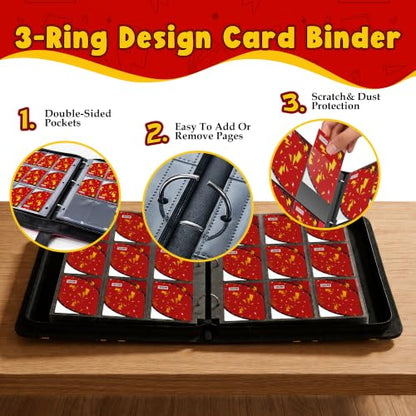 Card Binder for Pokemon Cards, 9 Pocket Trading Card Binder Holds 900 Cards with 50 Removable Sleeves, 3 Ring Zipper Card Holder Album Book Case for TCG, MTG, Sports Cards Collection, Boys Girls - color: Red