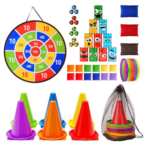 Redllo 58PCS Carnival Games Combo Set, Dart Board Knock Down Can Bean Bag Toss Game Party Indoor Outdoor Birthday Party Fall Festival Field Day for Kids Adults Yard Plastic Cones Outside Games