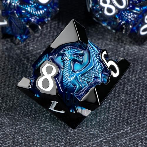 Roycevon Relief Dragon DND Dice Set for Role Playing Game, 7Pcs Metal D&D Dice Set Dungeons Dragons with Gift Box, Polyhedral D and D Dice D20 D12 D10 D8 D6 D4, Blue and White - color: Blue and White