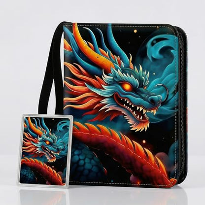 Trading Card Binder Small 4 Pocket,capacity of 400 Cards, 50 Clear Sheets Included, 3 Rings And Zipper, Cards Binder, Collector Binder, Water Proof with Dragon Design (Blue and Red, Small) - color: Blue and Red, size: Small