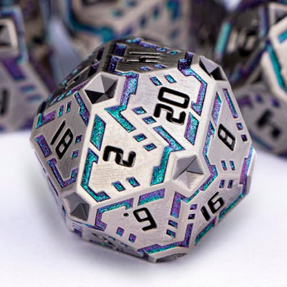Metal DND Sci-fi Dice Set 7PCS Stripe Polyhedral Dice for Dungeons Dragons RPG Role Playing Game, Glitter D and D Dice with Gift Box D6 D8 D10 D12 D20 (Grey&Purple Green) - color: Silver Gray - Purple Green