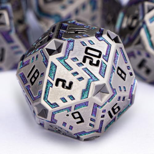 Metal DND Sci-fi Dice Set 7PCS Stripe Polyhedral Dice for Dungeons Dragons RPG Role Playing Game, Glitter D and D Dice with Gift Box D6 D8 D10 D12 D20 (Grey&Purple Green) - color: Silver Gray - Purple Green