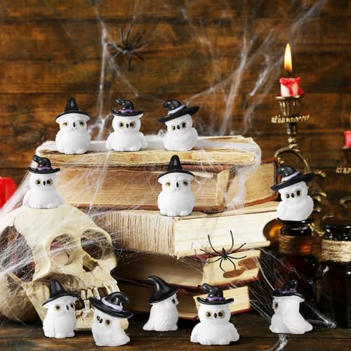 Soulchen 50pcs Halloween Mini Resin Figures Bulk Tiny Resin Owl Figures Little Small Miniatures to Hide White Owl in Witch Hat Craft for Halloween Party Gifts Bag Fillers Decor - style: Owl