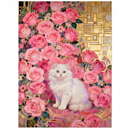 1000 Piece Puzzle for Adults, Elegant White Persian Cat with Pink Roses & Gold Art Nouveau Design, Premium Matte Finish, Thick Blue Cardboard, Perfect for Jigsaw Puzzles Lovers - color: Rose Gold Whiskers