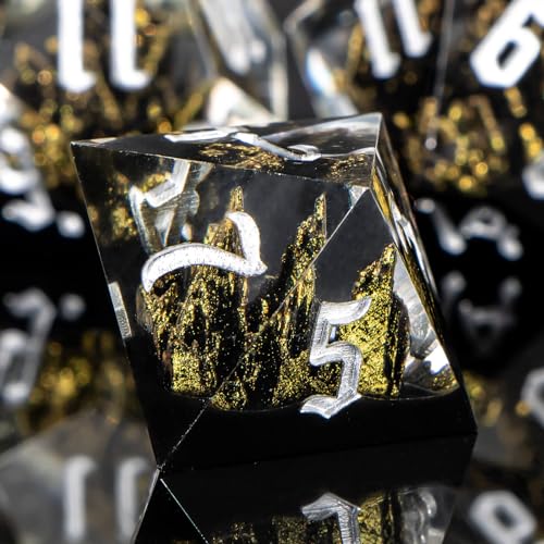 KERWELLSI DND Dice Set D&D, 7pcs Sharp Edge Resin D and D Dice with Gift Box, Nature Mountain Dungeon Dragon Role Playing Dice D20 D12 D10 D8 D6 D4 - color: Black