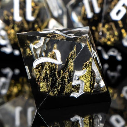 KERWELLSI DND Dice Set D&D, 7pcs Sharp Edge Resin D and D Dice with Gift Box, Nature Mountain Dungeon Dragon Role Playing Dice D20 D12 D10 D8 D6 D4 - color: Black