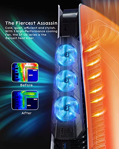 PS5 Cooling Fan (Not for Slim/Pro) High-Efficiency Cooler with USB3.0 | Cooling Fan for PS5, PS5 Accessories with Quiet Cooler Fan, Air Balance Blade, Blue Led Light - style: Space Black