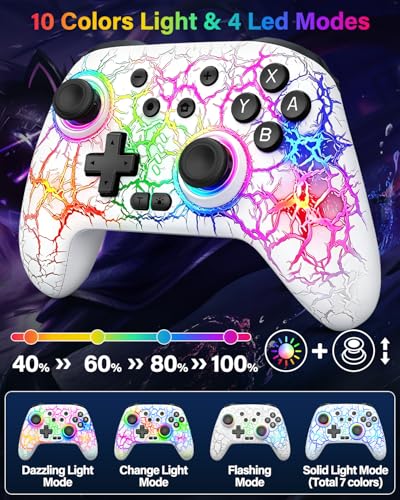 Switch Controller Compatible with Nintendo Switch/Switch Lite/OLED/PC | Programmable Wireless Switch Controller with 10 LED Light, 6-Axis Motion, Turbo, Vibration, One-Key Wake Up & Pairing, White - color: white
