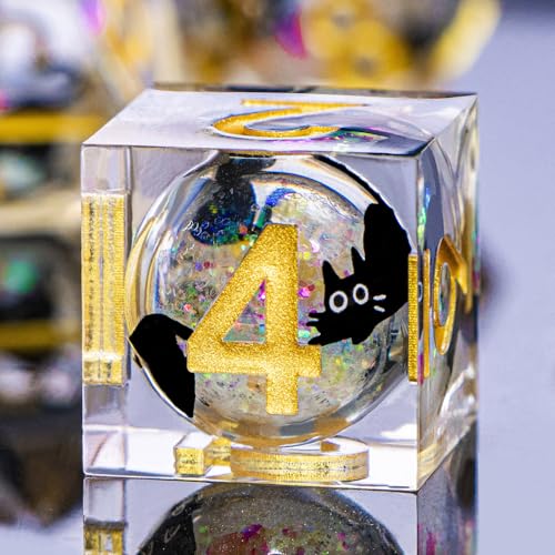 DND Cat Dice Set Colorful White Sharp Edge Dice with Box, RPG D and D Dice Dungeons Dragons Role Playing Game Polyhedral Resin Dice Set D20 D12 D10 D8 D6 D4 - color: Colorful White Gold