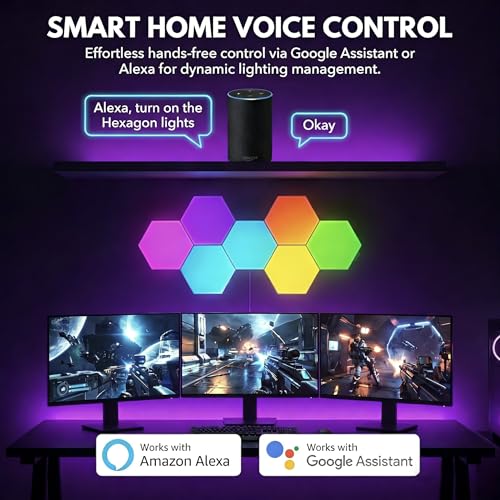 TISOFU Big Hexagon Lights LED Wall Panels, 8 Pack RGB Gaming Lights Works with Google Assistant & Alexa, APP/Music Sync & Remote, DIY Smart Modular Hexagonal Honeycomb Glide Hex Tiles Panel