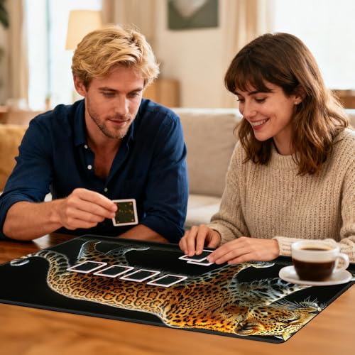 for MTG Playmat TCG Card Game Mat with Stitched Edges,Board Game Mats Non-Slip Waterproof Rubber Base 24 x 14 inch for CCG RPG DTCG Trading Card,Leopard Print Pattern - color: Leopard Print Pattern