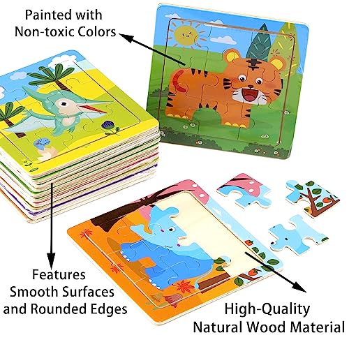 12 Pack Mini Wooden Animal Puzzles for Kids 3+ - 9-Piece Toddler Educational Travel Toys | Cute Farm & Wild Animal Party Favors | Preschool Learning Gift Set for Boys & Girls