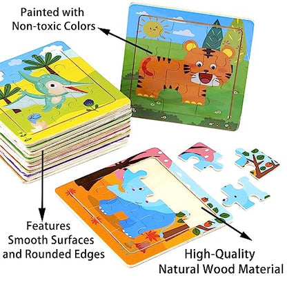 12 Pack Mini Wooden Animal Puzzles for Kids 3+ - 9-Piece Toddler Educational Travel Toys | Cute Farm & Wild Animal Party Favors | Preschool Learning Gift Set for Boys & Girls
