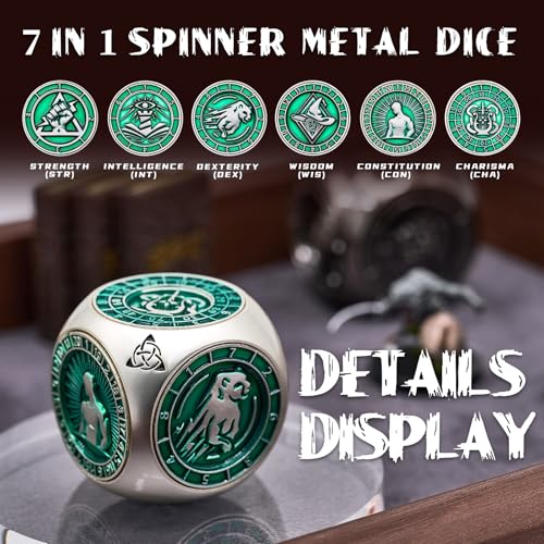 7-in-1 메탈 DND 주사위 스피너 큐브, 테이블 탑 RPG용 3D 릴리프, 던전 마스터 및 플레이어를 위한 선물 상자 (매트 그린) - color: Matter Green