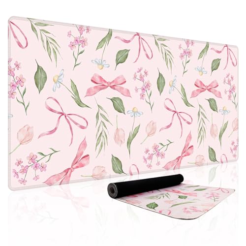 Baziabbo Pink Desk Mat,XXL Extended Big Mouse Pad,Gaming Mousepad with Stitched Edge,Non-Slip Rubber Base Keyboard Desk Pad for Home Office Study Game - color: Bowknot Flower