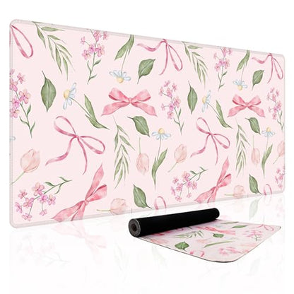 Baziabbo Pink Desk Mat,XXL Extended Big Mouse Pad,Gaming Mousepad with Stitched Edge,Non-Slip Rubber Base Keyboard Desk Pad for Home Office Study Game - color: Bowknot Flower