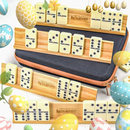 Bucher&Rossini Dominos Set for Adults with 4 Domino Racks Double Six Dominoes Set in Portable Case with 4 Wooden Domino Holders in EVA Hard Case Sturdy and Easy to Carry Ideal Gift Present - color: Double 6 + Hard Case + Racks